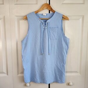 Blue Sleeveless Lace Up Top/Tank Size Med Linen Cotton casual Textured/Gauzy